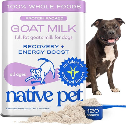 Native Pet Goat Milk Powder - Dog Food Topper for Active Dogs - Post-Activity Recovery, Energy, Immune Support, Hydration & Bone Health - Whole Goat Milk with MCTs & Essential Minerals - 120 Scoops