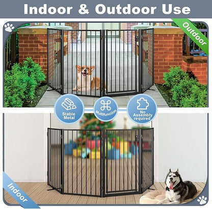 Metal Freestanding Dog Gates with Door for Outdoor Indoor,80'' Extra Wide Free Standing Dog Gate for Doorways,Large Openings,Deck,Yard,Porch,Foldable Safety Pet Fence(Black,4 Panels)
