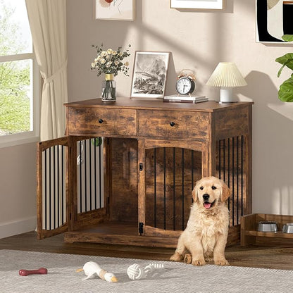 Kucreiheat 40'' Wooden Dog Crate Furniture–Farmhouse Dog Kenel-Multi Purpose Pet House with Double Doors, 2 Drawers, for Small, Medium & Large Dogs–Rustic Brown Finish