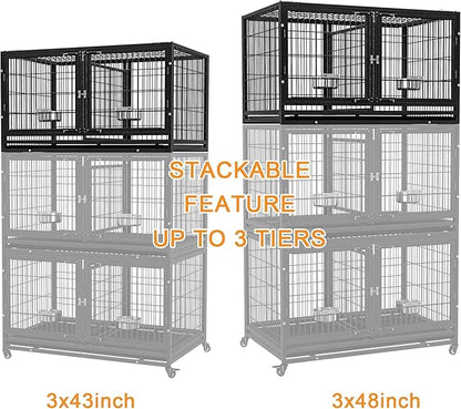 BOLDBONE 43 inch Heavy Duty Dog Crate for Large Dogs, Stackable Dog Kennels and Metal Wire Cages with Feeding Bowls, Leak-Proof Pans, Removable Wire Trays and Divider, Extra Large XL XXL