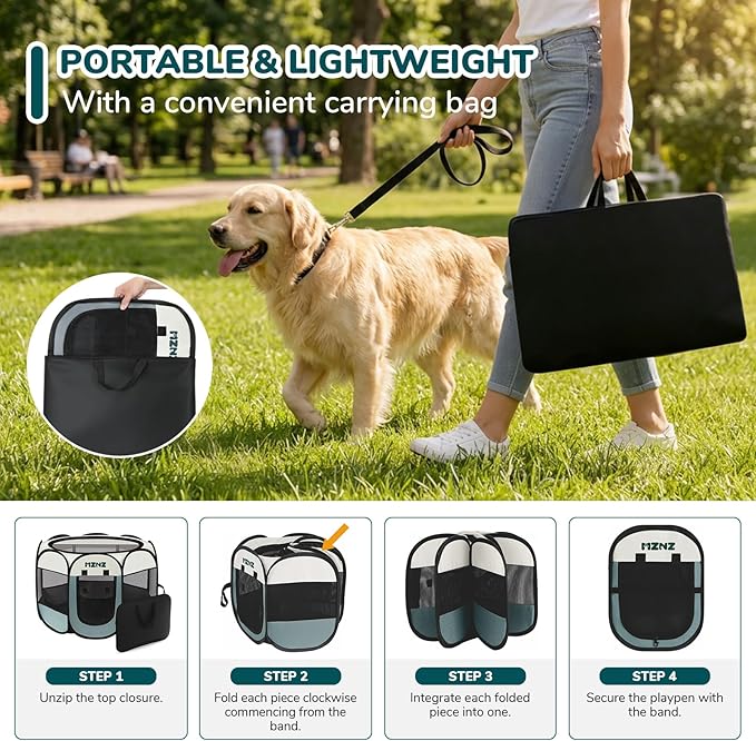 Dog Playpen, Portable Puppy Pet Crate Indoors for Small/Medium Dogs Cats Rabbits, Foldable Dog Cage Enclosure for Outdoor, Pop Up Dogs Tent Kennel with Carrying Case, Grey