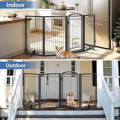 36" Tall Metal Freestanding Dog Gate with Cat Door for Indoor&Outdoor,80" Extra Wide Foldable Pet Gate,Foldable Indoor Dog Fence for Wide Openings Stairs,Deck,Yard,Doorways(4 Panels,Black)