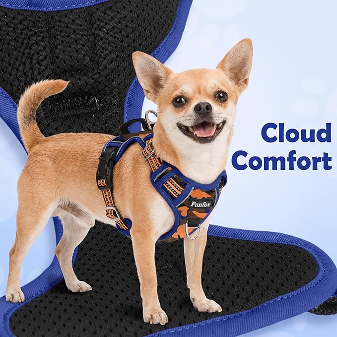 Funfox Dog Harness No Pull, Adjustable Pet Vest Harness, Super Soft Material with Vertical Handle Easy Control, Reflective Night Walking, 2 Leash Clips for Small Sized Dogs, Camo Orange, S