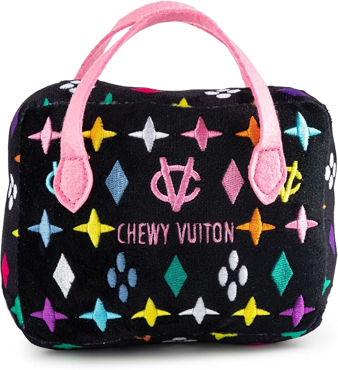 Haute Diggity Dog Chewy Vuiton Handbag Plush Squeaky Dog Toy, Soft Durable Designer-Inspired Stuffed Puppy Chew Toys for Small & Medium Dogs, Machine-Washable (Black Monogram) Large