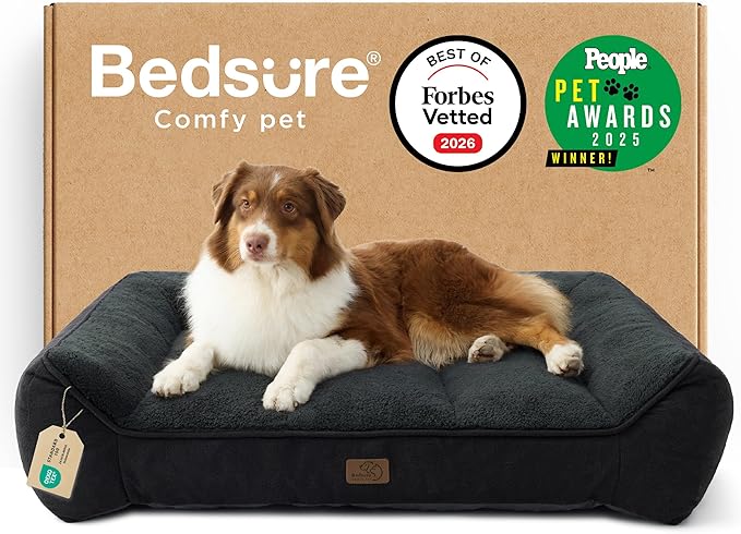 Bedsure SupportMax™ Orthopedic Dog Beds Large Sized Dog - As Seen on TV Extra Thick Supportive Large Dogs Bed with Waterproof Washable Cover, L Plus Comfort Pet Sofa with Soft Sherpa, Black, 38"