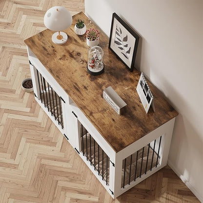 55'' Dog Crate Furniture for 2 Dogs, Wooden Dog Cage with Storage Compartment, Indoor Dog Kennel with 2 Doors for Large/Medium Dogs, White