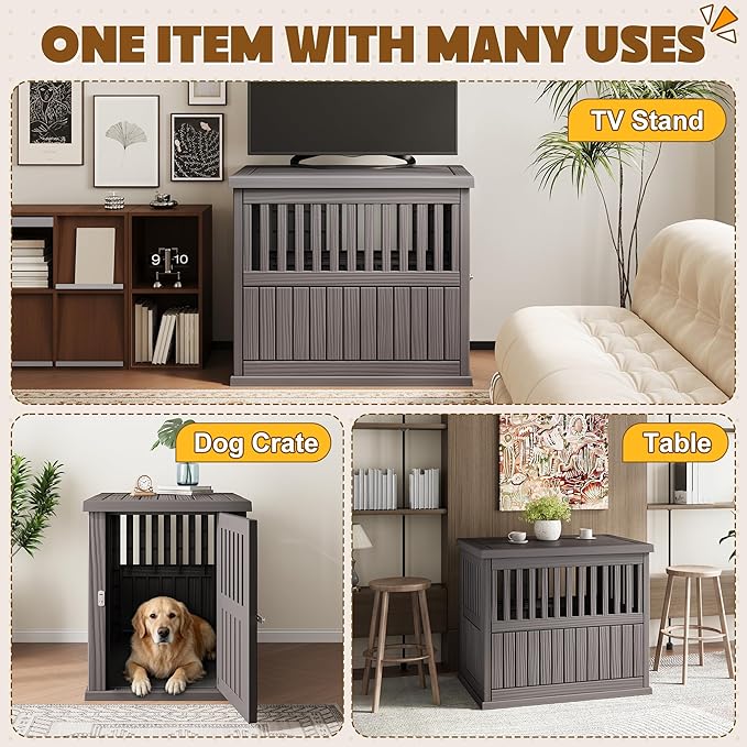 Bifanuo 40-Inch Dog Crate Furniture, Heavy Duty Dog Crate for Large and Medium Dog, Lockable Indoor Outdoor Dog Kennel & End Table, Decorative Plastic Pet Cage(Grey)