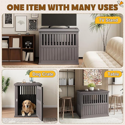 Bifanuo 40-Inch Dog Crate Furniture, Heavy Duty Dog Crate for Large and Medium Dog, Lockable Indoor Outdoor Dog Kennel & End Table, Decorative Plastic Pet Cage(Grey)