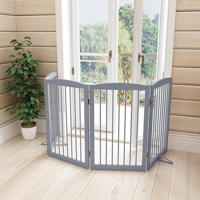 PUPETPO Freestanding Pet Gate for Dogs, Indoor Wooden Dog Gate for House, Foldable Dog Gate for Doorway, Stair, Gates for Dogs Indoor, 80 Inch Wide, 4 Panels 32", Grey
