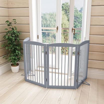 PUPETPO Freestanding Pet Gate for Dogs, Indoor Wooden Dog Gate for House, Foldable Dog Gate for Doorway, Stair, Gates for Dogs Indoor, 80 Inch Wide, 4 Panels 32", Grey