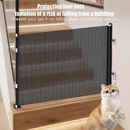 Dog Gate for Stairs- Bretractable Pet Gate, Door Gates for Pets |,No Drilling Safety Barriers 49 Inch Wide for Stairway Hallway Patio Porch Yard Balcony Deck Bathroom Garage