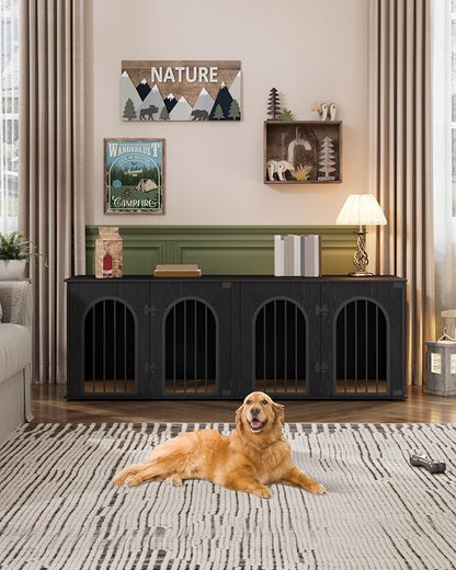 Hzuaneri 71" Dog Crate Furniture for 2 Dogs, Heavy Duty Indoor Dog Kennel TV Stand, XL Wooden Dog Cage with Divider for Medium Large Dogs, End Table Dog Crate with Cushion, Black DFC81904B
