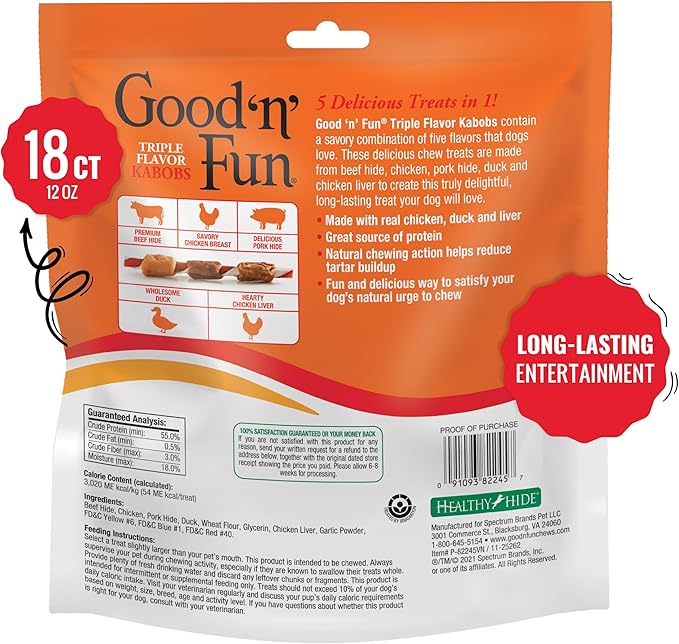Good'n'Fun Triple Flavored Rawhide Kabobs for Dogs, Treat Your Dog 12-Ounce | 18 Count (Pack of 2)