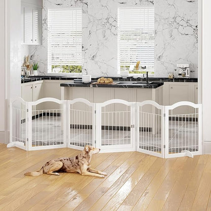 Vantas Folding No-Assembly Dog Door Pet Gate 144" Wide, 30" Tall Wooden Dog Gate with Door Walk Through, Freestanding Wire Pet Gate, Pet Puppy Safety Fence, with 2PCS Support – White