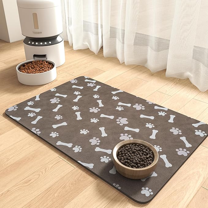 MontVoo Dog Food Mat-Pet Feeding Mat for Food and Water-No Stains Quick Dry Dispenser Cat Bowl Mat for Messy Drinkers(14"x22" Brown)