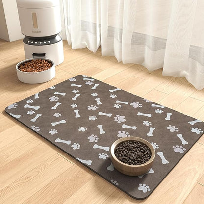 MontVoo Dog Food Mat-Pet Feeding Mat for Food and Water-No Stains Quick Dry Dispenser Cat Bowl Mat for Messy Drinkers(14"x22" Brown)