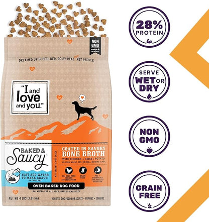 I AND LOVE AND YOU Baked and Saucy Dry Dog Food - Chicken + Sweet Potato - Prebiotic + Probiotic, Real Meat, Grain Free, No Fillers, 21lb Bag