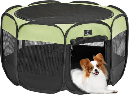 Dog Playpen for Small Dogs & Puppies, 29.92" Portable Indoor Outdoor Puppy Playpen with Bowl, Waterproof Floor, Foldable Pop-Up Pet Pen for Home, Travel & Daily Use, Green+Black