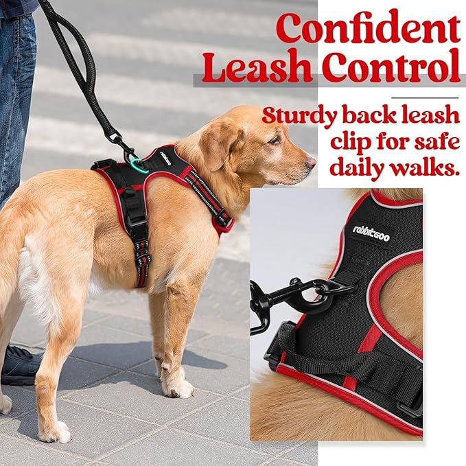rabbitgoo Dog Harness No Pull with 2 Leash Clips, Adjustable Soft Padded, Reflective Oxford No Choke Pet Vest with Easy Control Handle for Large Dogs, Black & Red, L