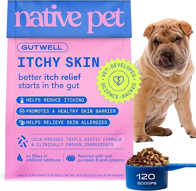 GutWell Itchy Skin - Dog Itching Skin Relief & Seasonal Allergy Itch Relief for Dogs - Promotes Skin Hydration, Elasticity & Healthy Barrier with Triple-biotic Blend, Zinc, & Vitamin E - 120 Scoops