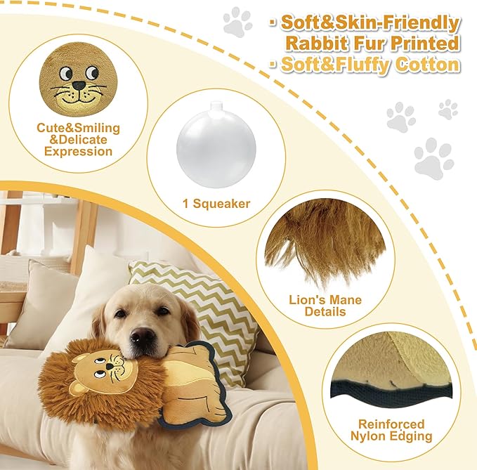 Yellow Lion Plush Squeaky Dog Toy for Chewers Puppy Teething Chew Toy Cute Soft Funny Durable Stuffed Animal Interactive Fetch Dog Toy for Small Medium Large Dogs Toy Gift 24cm/9.45in