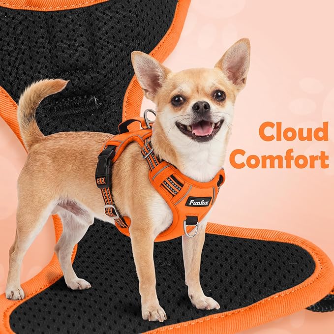 Funfox Dog Harness No Pull, Adjustable Pet Vest Harness, Super Soft Material with Vertical Handle Easy Control, Reflective Night Walking, 2 Leash Clips for Small Sized Dogs, Orange, S