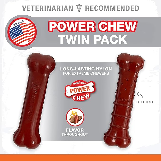 Nylabone Power Chew Basted Blast Dual Flavored Dog Chew Toys for Aggressive Chewers - Durable Dog Bones with 2 Layers of Flavor - Bacon and Steak Flavor, Small/Regular (2 Count) (Pack of 2)