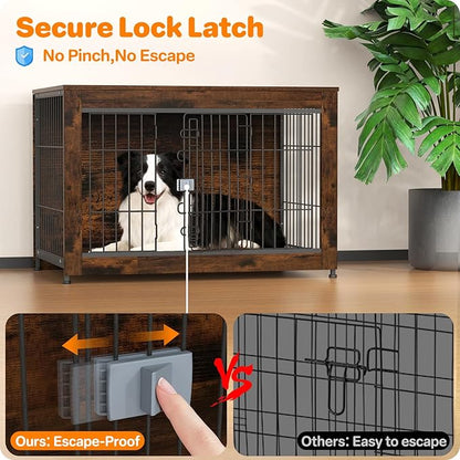 Dog Crate Furniture, Wooden Dog Crate 37in, Decorative Cage with End Table for Dog Indoor Kennel, High Anxiety Dog, Escape-Proof Locks for All Breeds