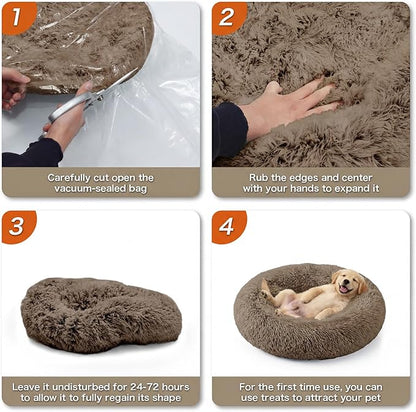 WROS Calming Dog Bed, 24" x 24" x 6" Fits Cat & Dog, Anti-Slip Round Washable Faux Fur for Doze Off, Napping Orthopedic, Khaki