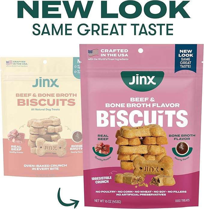 Jinx Oven-Baked Beef Bone Broth Biscuit Treats, Crunchy, All Natural, Superfood-Rich with Real Beef, Pumpkin & Blueberries, 16oz, 4 Pack