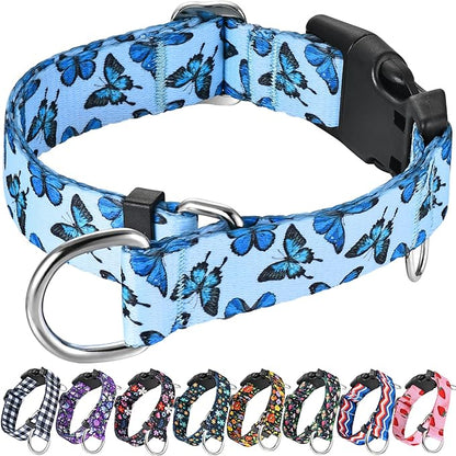 Martingale Dog Collar with Buckle Adjustable Nylon Cute Girl No Pull Anti Escape Training Dog Collars (Blue Butterfly, Medium)