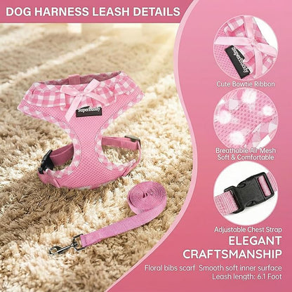 SuperBuddy Upgraded Soft Mesh Dog Harness, Super Breathable Lightweight Pet Harnesses for Puppy Dogs Outdoor Walking, Pink Dog Harness and Dog Leash Set Packing -Large