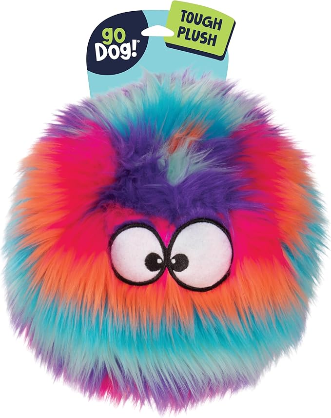 goDog Furballz Squeaky Plush Ball Dog Toy, Chew Guard Technology - Cool Rainbow, Large