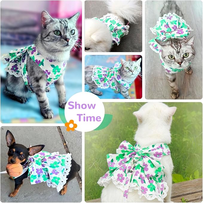 ABRRLO Dog Harness Dress Leash Set for Small Dog Summer Clothes Girl Female Puppy Cats Outfits Cute Floral Bowknot Princess Birthday Dress for Extra Small Pet Doggie Kitten Outfits Apparel(Green,L)