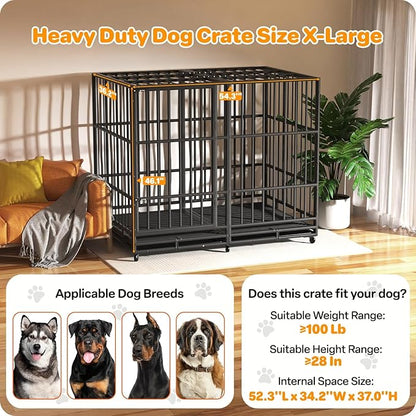 Hiwokk 54 Inch Heavy Duty Dog Crate, Indestructible Escape-Proof Dog Kennel for High Anxiety Large Dogs, Strong Metal Pet Cage with Double Doors, Lockable Wheels & Removable Tray, XL XXL XXXL