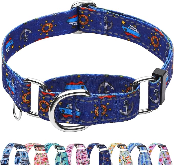 Reflective Martingale Collar for Dogs Nylon Training Collar with No Buckle, No Pull Boy Male Dog Collar for Medium Dogs（Navy Blue Sailboat，M）