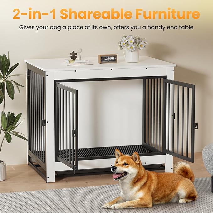 Derfullo Dog Crate Furniture, 38 Inch Indoor Dog Kennel for Medium Dogs Up to 50 LBS, Heavy Duty Wooden Pet Cage End Table with 3 Doors, Alloy Steel Frame & Removable Tray