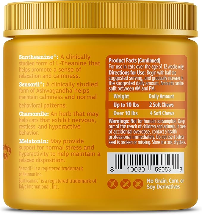 Zesty Paws Calming Chews for Cats - Composure & Relaxation for Everyday Stress & Separation - with Ashwagandha, Organic Chamomile, L-Theanine & L-Tryptophan – Bacon - 60 Count - Cat