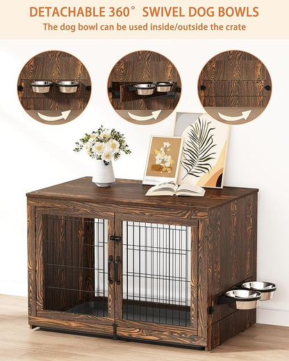 Piskyet Wooden Dog Crate Furniture with 360°Rotatable Removable Dog Bowls, Dog Crate End Table with Tray, Double Doors Dog Kennels for Dogs(M:31.8" L*22.1" W*24.1" H, Rustic Style)
