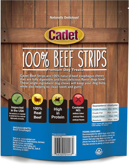Cadet 100% Beef Strip Long Lasting Chews for Dogs, Single Ingredient Beef Esophagus Dog Treats, Natural High Protein Rawhide Alternative for Small & Large Dogs, 8 Ounce