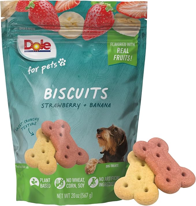 Dole for Pets Dog Biscuits, Banana & Strawberry Flavor Dog Treats, Flavored with Real Fruit, No Wheat, Corn, Soy, Artificial Flavors, Colors, Preservatives, or Animal Products, 20oz
