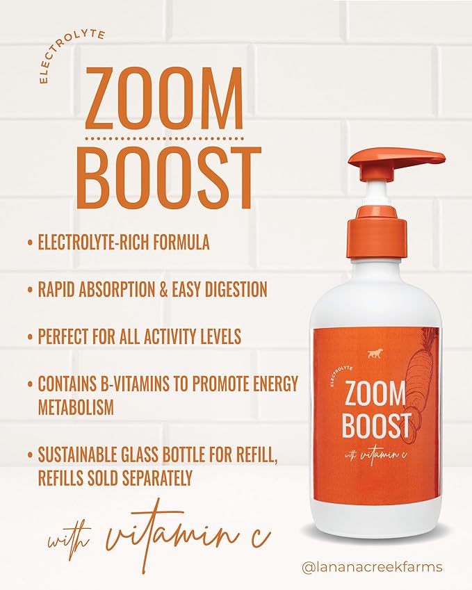 Lanana Creek Farms® Zoom Boost Electrolyte 7.7 oz Glass Bottle with Pump | Ideal for Active Dogs | Rapid Absorption and Easy Digestion | Carrot and Ginger Flavored