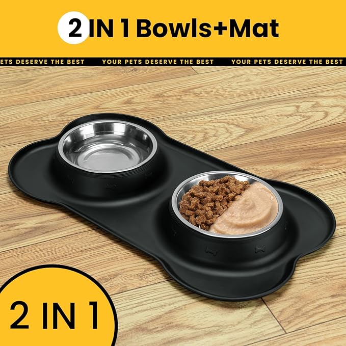 Conlun Stainless Steel Dog Bowls with Non-Slip Silicone Mat, Spill Proof Food & Water Bowls Set, Easy Clean Puppy Food Dish, Dishwasher Safe, Suitable for Dogs Cats Pet Under 20lbs, Small, Black