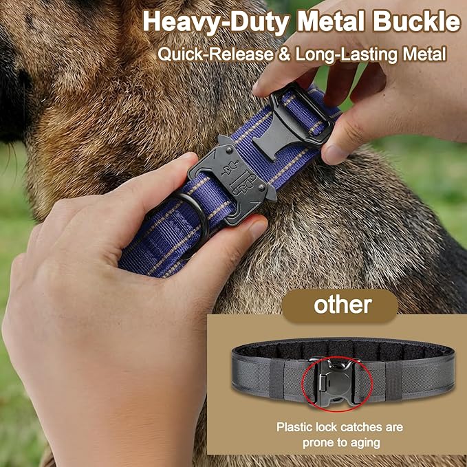 KCUCOP Tactical Dog Collar for Medium & Large Dogs - Military Nylon Heavy Duty Collar with Handle, Reflective Strip & Metal Buckle for Training, Outdoor (Reflective Dark Blue, Medium)