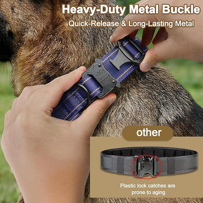 KCUCOP Tactical Dog Collar for Medium & Large Dogs - Military Nylon Heavy Duty Collar with Handle, Reflective Strip & Metal Buckle for Training, Outdoor (Reflective Dark Blue, Medium)