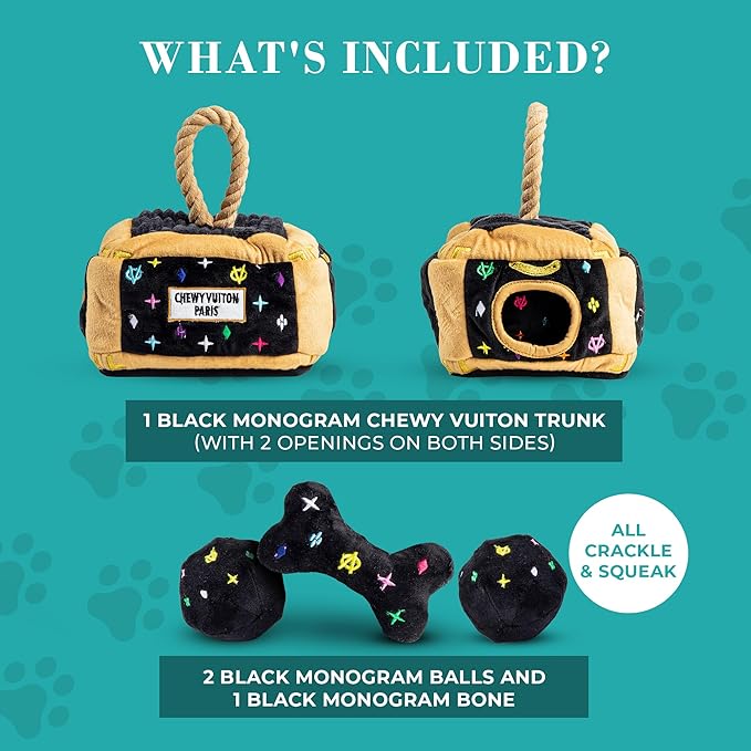 Haute Diggity Dog Chewy Vuiton Trunk Puzzle with 3 Plush Squeaky Dog Toys, Soft Durable Designer-Inspired Stuffed Puppy Chew Toys for Small & Medium Dogs, Machine-Washable (Black Monogram) One Size