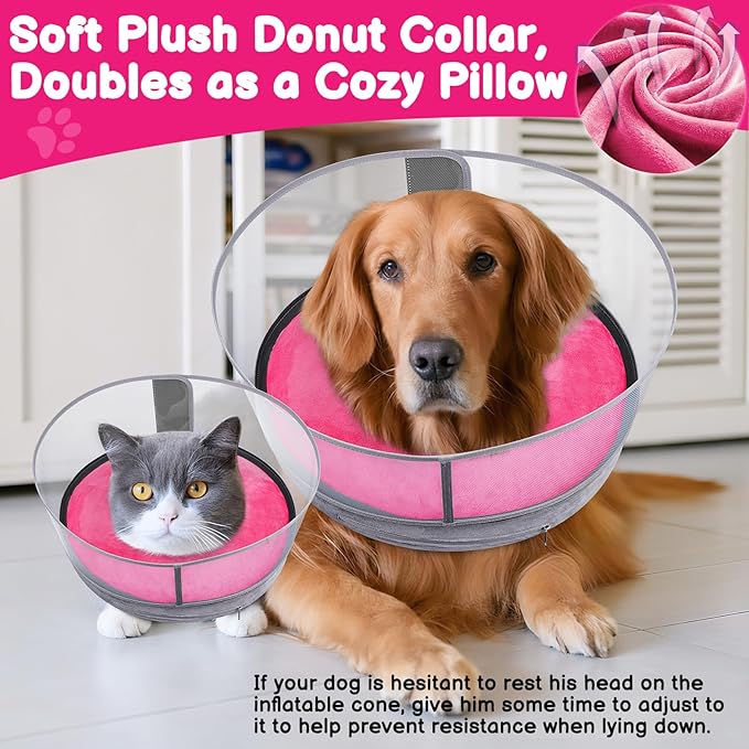 BARKLESS Dog Donut Collar, 2-in-1 Inflatable Dog Collars for After Surgery to Stop Licking Wounds, Patented Protective Donut Cone with High Shield for Large Pets (Hot Pink, XXL)