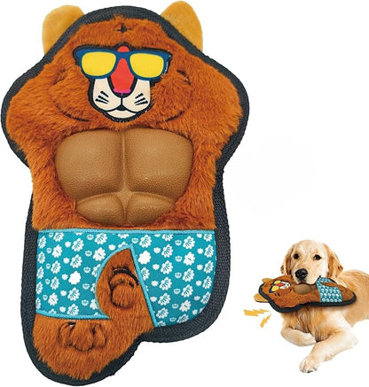 Yellow Tiger Plush Squeaky Dog Toy with TPR Muscles Puppy Teething Chew Toy Cute Soft Funny Stuffed Animal Interactive Fetch Tough Dog Toy for Small Medium Large Dogs Toy Gift 29cm/11.42in