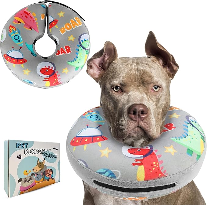 PAWCHIE Inflatable Dog Cone Collar Alternative, Soft Dog Cone for Medium to Large Dogs After Surgery, Adjustable Neck Recovery E-Collars Donut Collar with Cute Dinosaur Prints, Grey XL