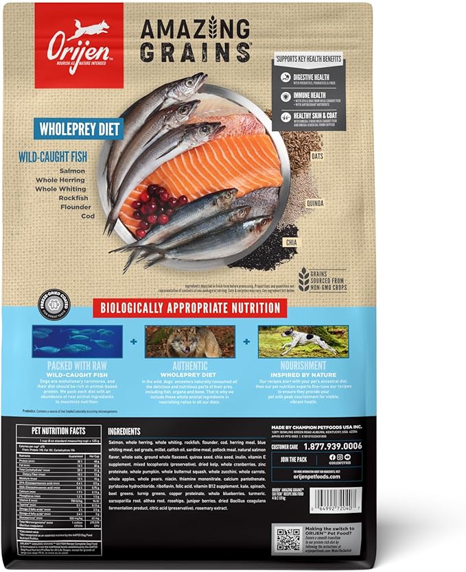 ORIJEN Amazing Grains High Protein Dry Dog Food Six Fish Recipe 4lb Bag